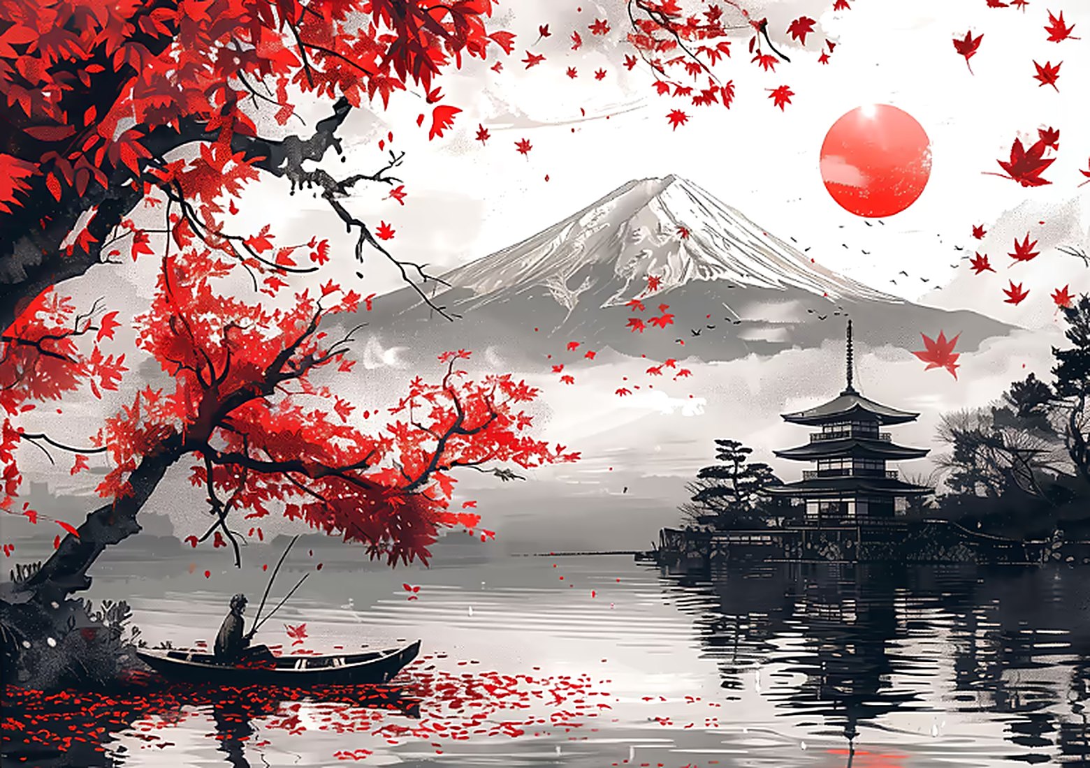 Estampe : érables rouges, mont Fuji à l'encre et soleil rouge